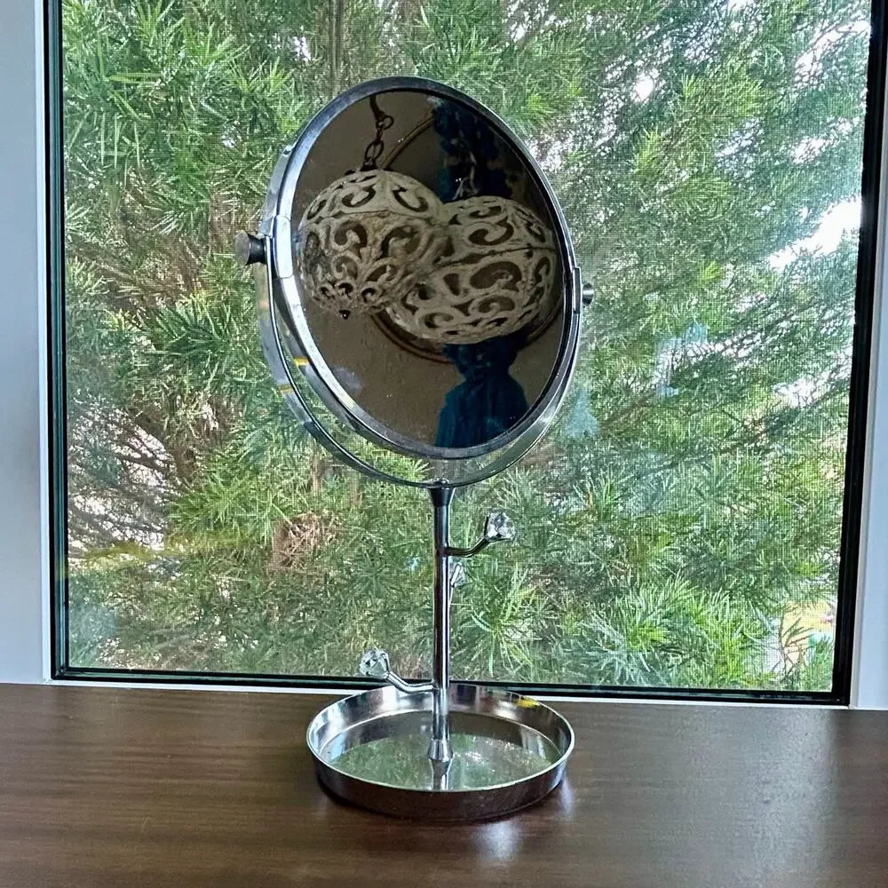 Vintage Chrome Vanity Mirror with Rhinestone Accents and Jewelry Tray – 11”